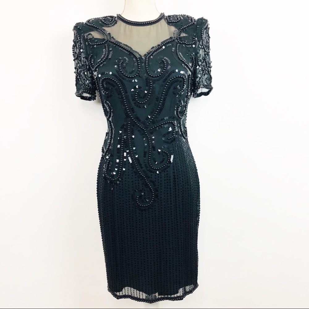 Showtime Sequin Beaded Silk Dress Black Sz M